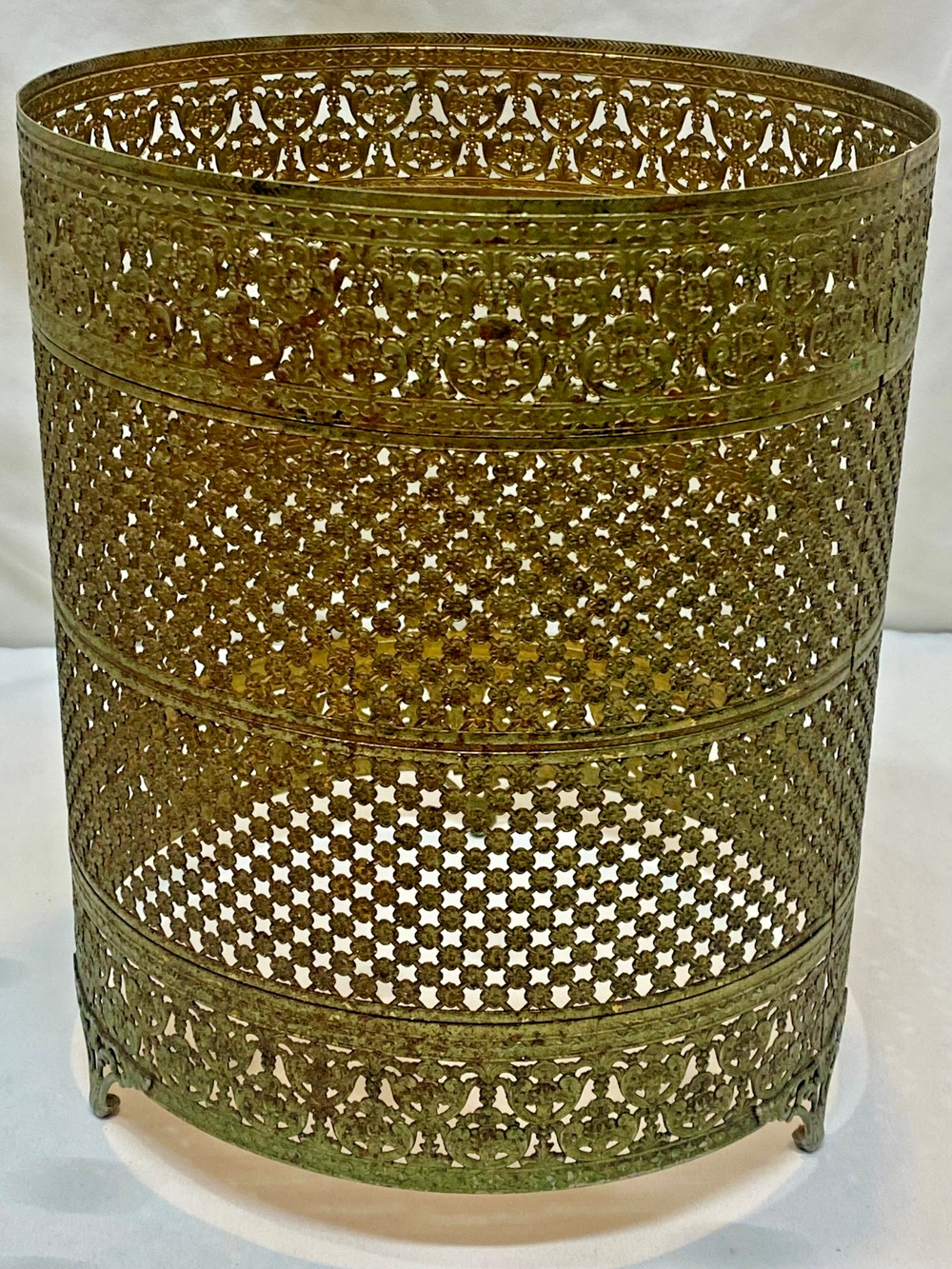 Vintage Hollywood Regency Ormolu Gold Filigree Waste Basket with Liner Footed